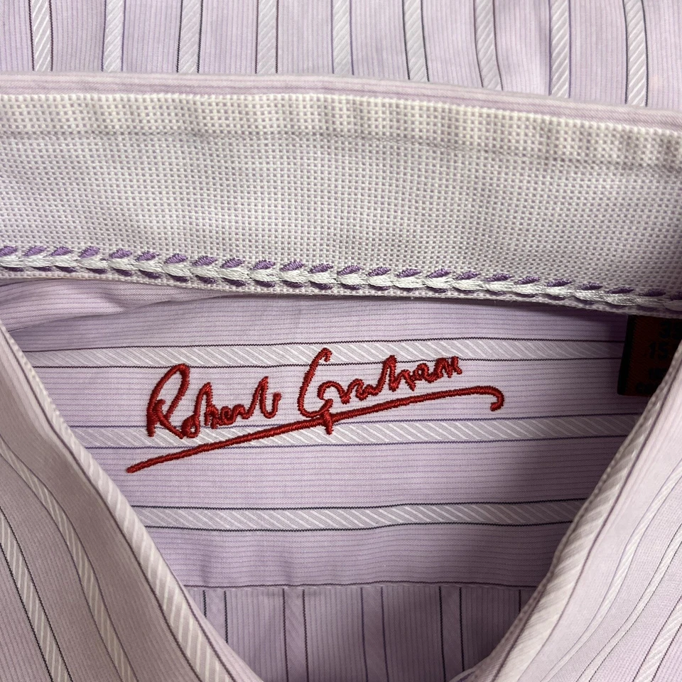 Camisa Robert Graham Para Hombre Botón Frontal Rayas Lila Púrpura Puño Abatible Talla 15.5/39 Foto 3 de 4