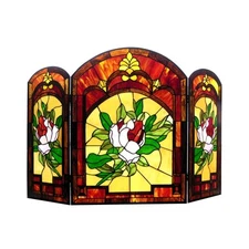 Fireplace Screen Floral Tiffany Style Stained Glass 3 PC 28 x 42 ONE THIS PRICE