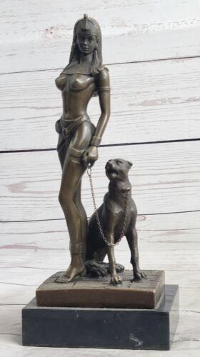 Signée Original Fisher Égyptien Reine Avec / Garde Chien Bronze Marbre Sculpture - Bild 1 von 10