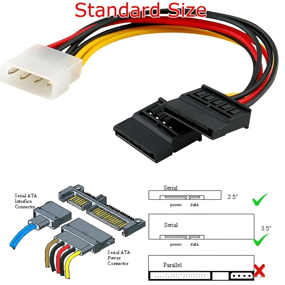 8x 4 Pin Molex IDE to 2 Serial ATA Hard Driver Power Cable SATA Y Splitter Dual - Image 4 of 4