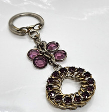 Vintage Keychain Keyring Fob Gold Tone Circle Purple Rhinestone Design 3.5"