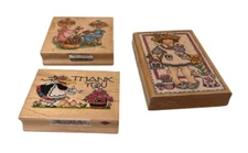 Lot Of 3 Gardening Girls With Flowers Rubber Stamp Wooden Thank You Precious Mom