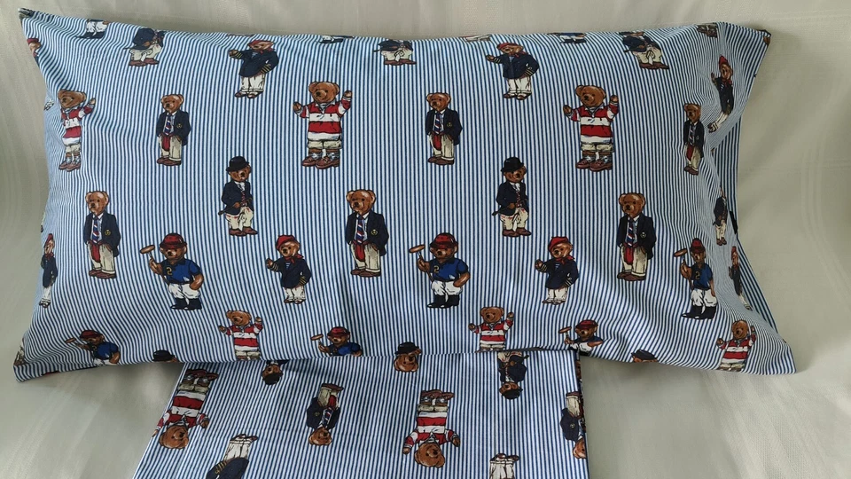 Ralph Lauren POLO TEDDY BEAR Blue Striped 2 KING Pillowcases New - Image 4 of 4