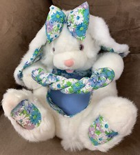 EASTER BUNNY BASKET PLUSH WHITE w/BLUE FLORAL 13 x 9 SUPER CUTE RARE