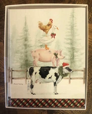12 CHRISTMAS Leanin Tree Cards Box Set, COW, PIG, GOOSE, CHICKEN STANDING N SNOW