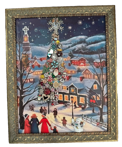 Framed Jewelry Picture Art Christmas Tree Village Scene Design by Betty