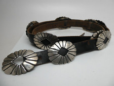 Vintage Native American 10 Concho Navajo Leather Black Belt 39"