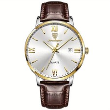 Men Trendy Quartz Watch Luminous Calendar PU Leather Strap Casual Timepiece