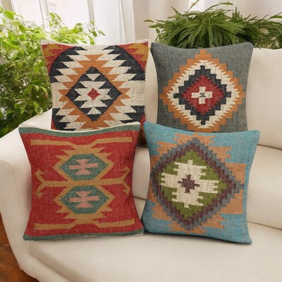 4 Set Vintage Cushion Cover 18'' Handmade Square Pillows Turkish Aztec Kilim