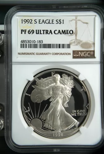 1992-S $1 Silver Eagle PF-69 Ultra Cameo NGC Brown Label