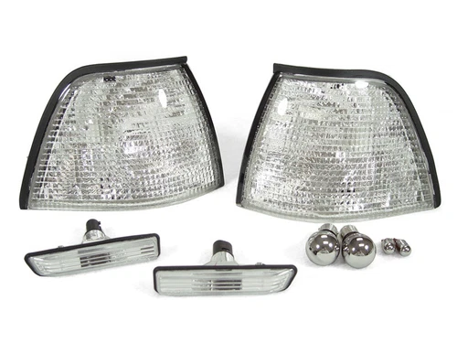 DEPO 8PCS Clear Corner + Side Marker Light + Chrome Bulb For 97-98 BMW E36 3D/4D