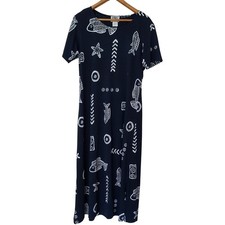 Laguna Bay Navy Blue Fish Starfish Print Maxi T-Shirt Dress M Nautical Coastal