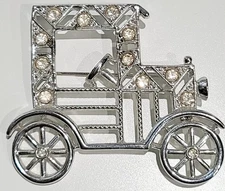 Vintage Emmons Car Brooch SIGNED Silver Tone Classic Model T Auto Rhinestones