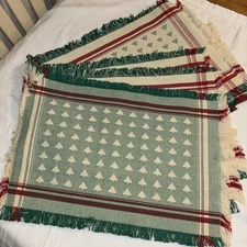 Vintage Christmas Placemats Set of  6 Woven Red Green White Trees Cotton 17x13