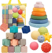 Montessori Toys for Babies,Soft Stacking Building Blocks Rings Balls Sets,3 in 1