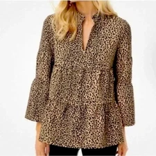 Tuckernuck Edith Tiered Long Sleeve Leopard Print Blouse Womens Sz M 