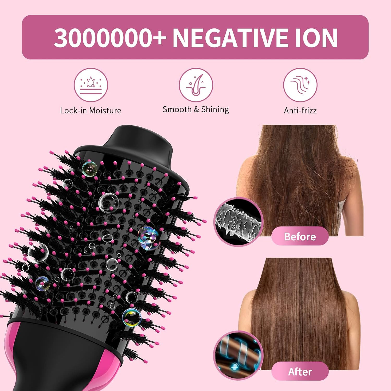 Dual Voltage Hair Dryer Brush with Negative Ion Anti-Frizz Styler - Hot Air Volu