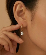 10K Solid Gold Pear Cut Moissanite Dangle Earring Teardrop Charm Huggie Hoops