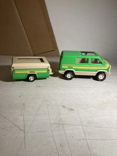 Vintage Tonka Green Van W/ Pop Up Camper 1970s Pressed Steel USA Toy