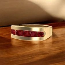 Ruby Round Cut With 925 Sterling Silver Gold Plated Ring For Men's #A204 *