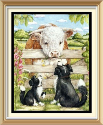 Tier Bauernhof Kunstdruck Landschaft Hund Border Collie Stier Rinder Hereford