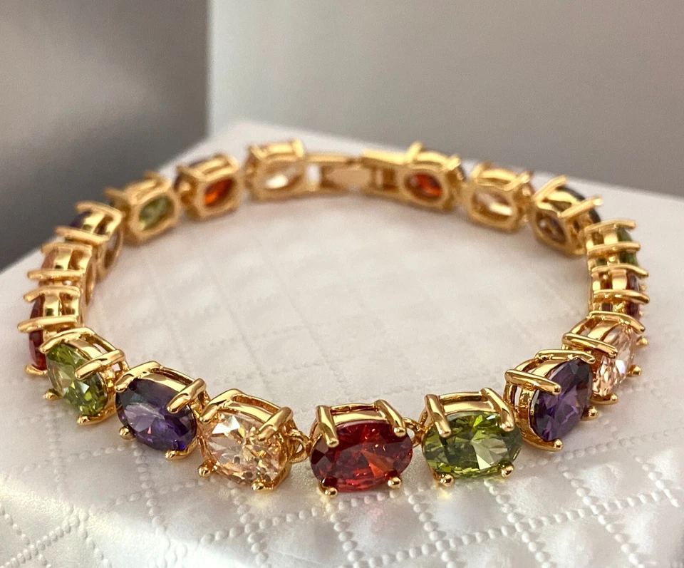 Brazalete Tenis 30 cwt Ovalado Multicolor Gemas Acabado Chapado en Oro 18K 7.5" Foto 3 de 4