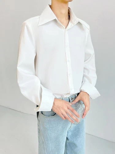 Men's Draping Large Pointy Collar Loose Stylish French White Long-Sleeved Shirts - Picture 6 of 11