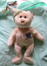 Ty Beanie Baby OCTOBER Birthday Plush Pink Teddy Bear w/ Hat -8.5" Tall-2001