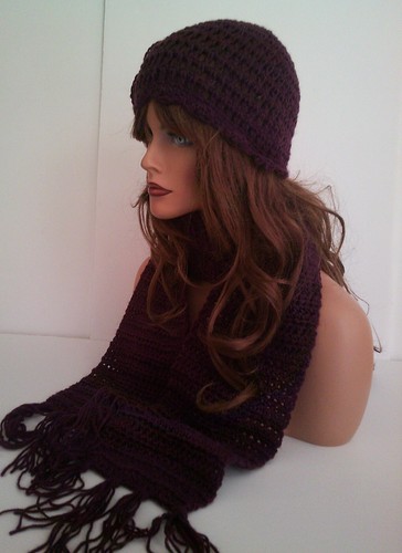PLUM WINE HAND CROCHET FLOWER HAT AND SCARF SET BEANIE SKULL SKI CAP TAM - Picture 5 of 6