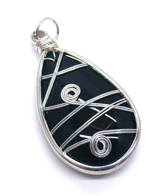 LARGE 2 1/2 Inch WIREWRAPPED SILVERPLATED PEAR BLACK GLASS FOCAL PENDANT CF24