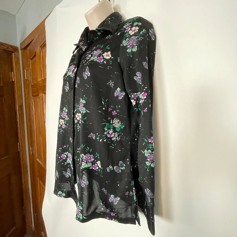 Vintage Sears Floral Button-Up Shirt SZ S Black Purple Vintage Whimsigoth - Image 2 of 4