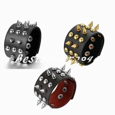 Unisex Black Metal Spike Studded Punk Rock Biker Wide Strap Leather Bracelet USA