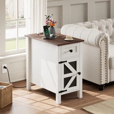 Farmhouse End Table with Charging Station, Narrow White Side Tables with Storage