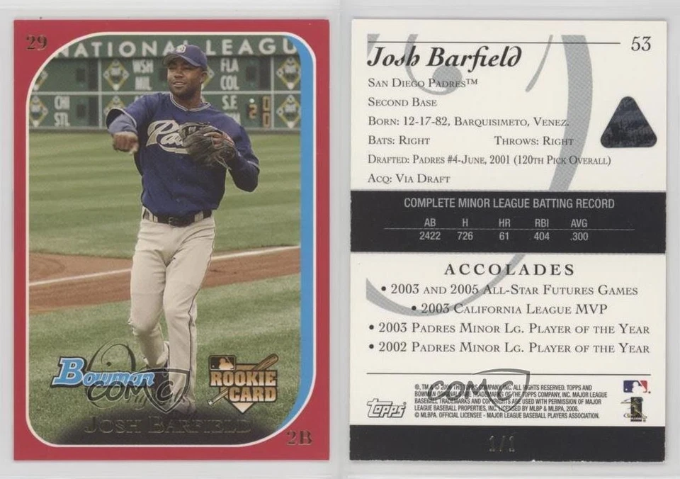 2006 Bowman Originals Red 1/1 Josh Barfield #53 nd3 - Image 3 of 3