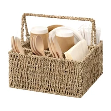 Wicker Silverware Organizer with Handle, Seagrass Kitchen Utensil Holder, Lar...