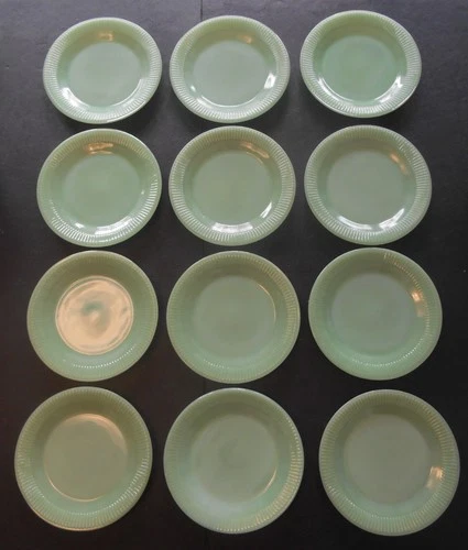 Vintage SET 12 Fire King Jane Ray Jadite Jadeite Ribbed 7-3/4” Salad Lunch Plate