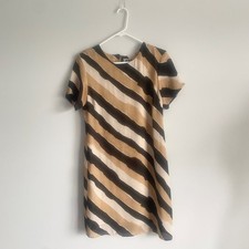 Vintage Gabrielle Black Tan Cream Striped Short Sleeve Shift Mini Dress Medium