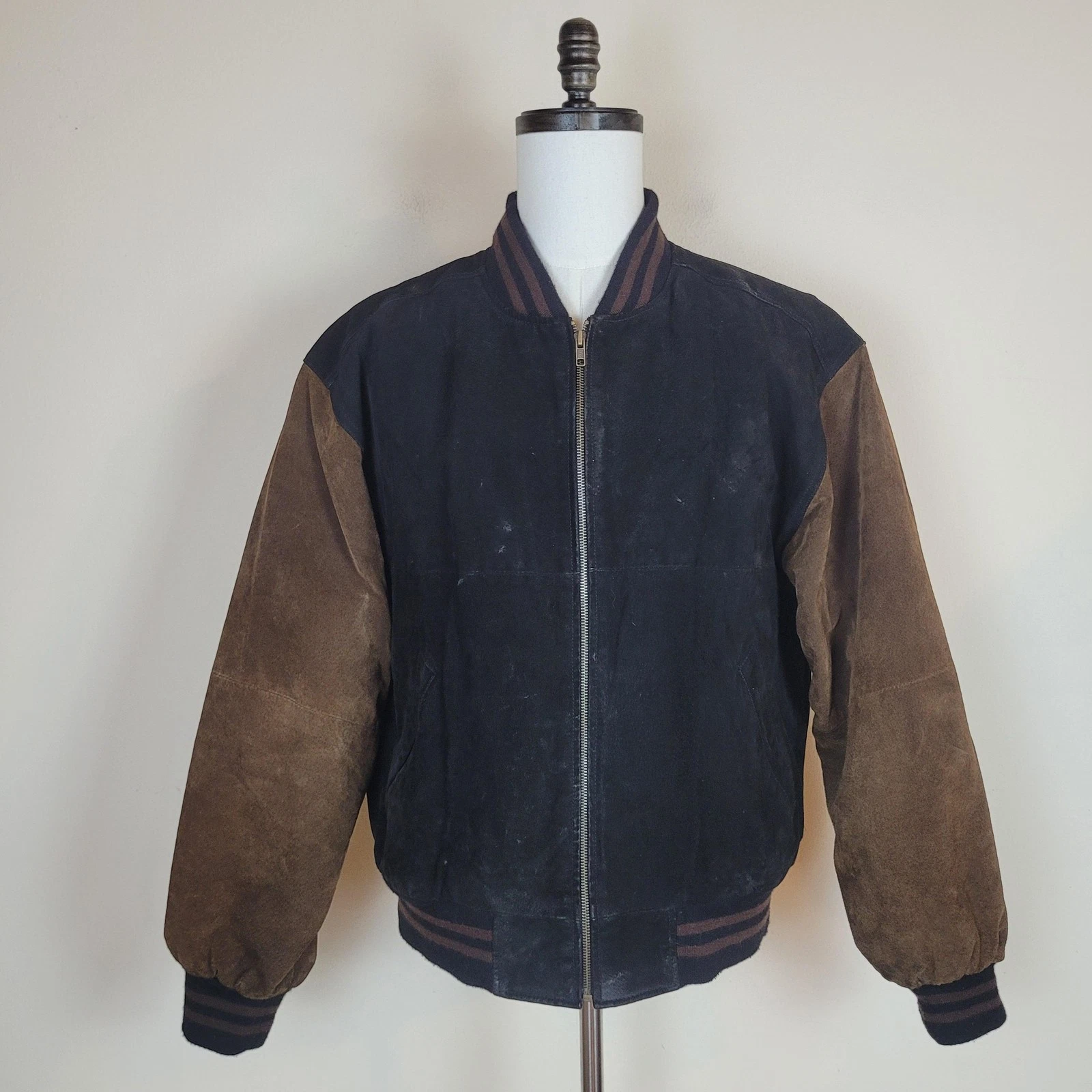 Free Country Jacket Mens Large Black Brown Leather Bomber Suede Zip Color Block