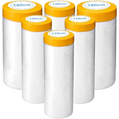 Protective Masking Film with Tape 6 Pack 3.6/5/6 x 65 Ft 3 Size for Auto Body