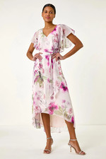 Roman siz 20 Pink Chiffon Floral Print Wrap Midi Dress  Wedding Stunning BNWOT