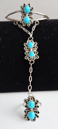 Vintage Sterling Silver Turquoise Native American Slave Chain Ring Bracelet KC