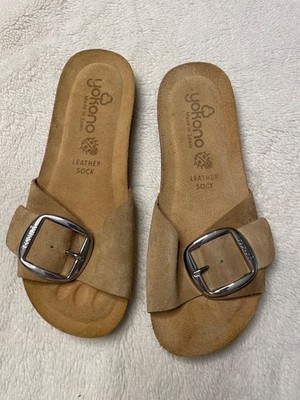 Yokono Womens Tan Leather Sock Big Buckle Slip On Slide Flat Sandals Size 7.5
