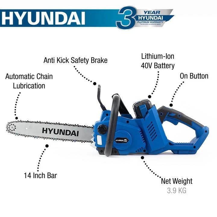 Hyundai Cordless Chainsaw 14 inch 40v 2.5 Ah Li-ion Battery & Charger included - Image 2 of 4