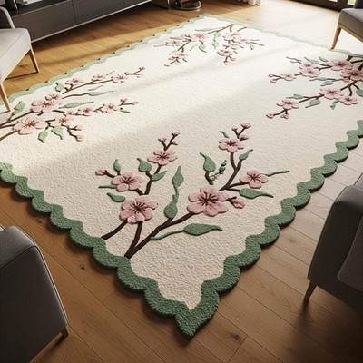 Luxury Hand Tufted Wool Area Rug   Floral Branch Pattern, Soft Ivory Base Rugs