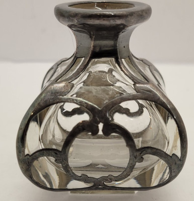 Antique Alvin .999 Fine Silver Overlay Perfume Bottle Art Nouveau Glass #3517