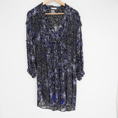 Poupette St Barth Long Sleeve Button Front Dress Womens S Black Blue Ruffle