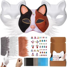Cat Fox Mask 3PCS with Furs Eye Meshes and Gem Stickers, Therian Dress Up...