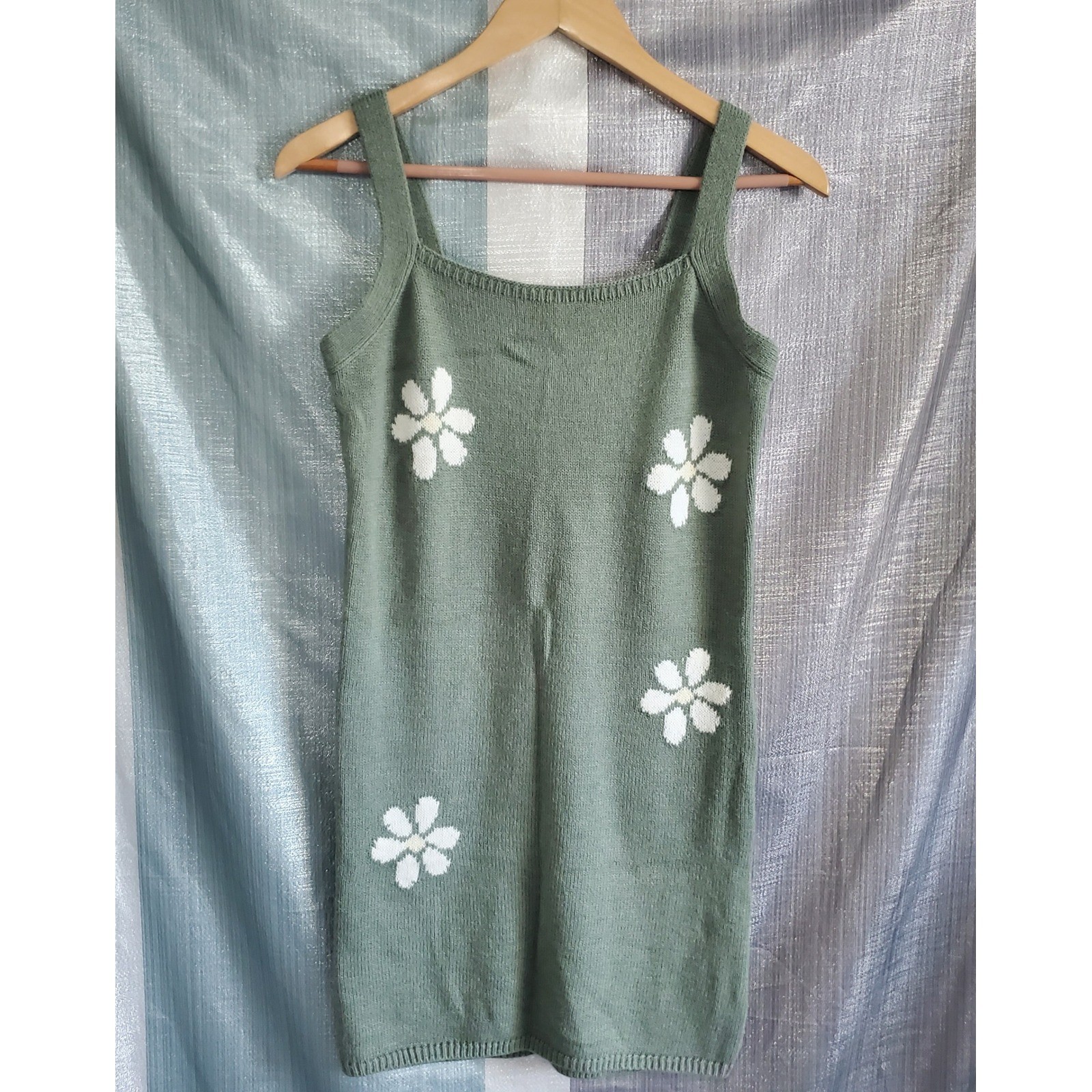 Pink Lily Sage Green Daisy Knit Mini Dress Square Neck Floral Womens M Cottage