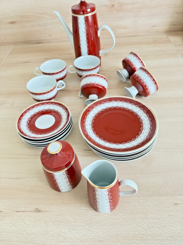 Lichte Porzellan - Fine China - DDR Kaffeeservice- rotbraun-weiß-gold - 21 Teile - Bild 2 von 4