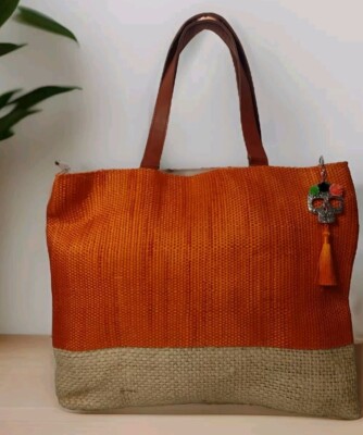 Mexican Jute Tote With Leather Handles Day Of The Dead Charm Dia De Los Muertos